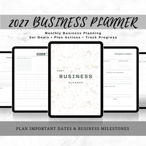 May include: A 2027 business planner with a white and light pink speckled cover featuring the text 2027 BUSINESS PLANNER. The planner displays interior pages for monthly business planning, goal setting, action plans, progress tracking, and competitor analysis.