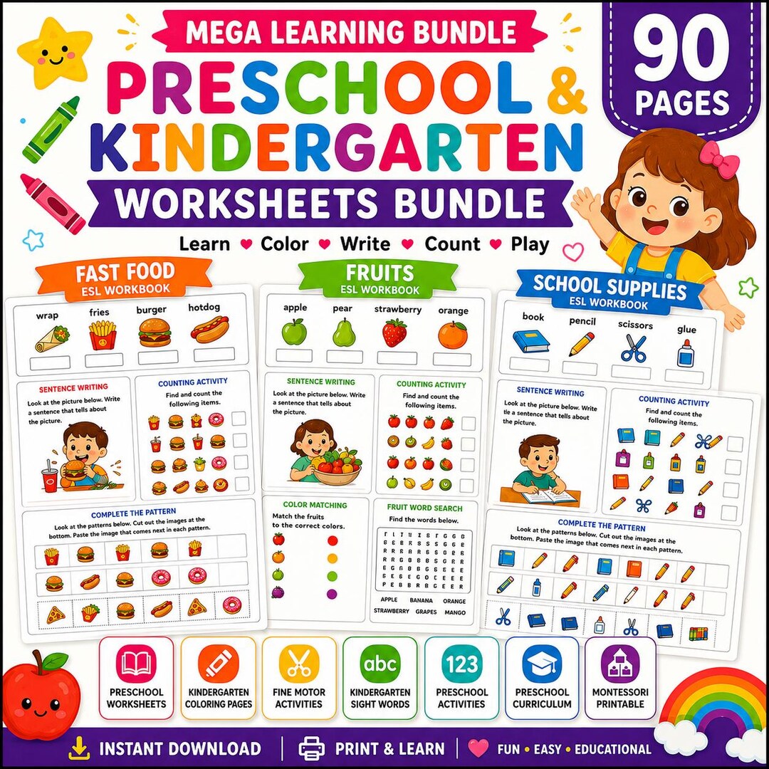 Preschool Worksheets Bundle, Kindergarten Busy Book, ESL Activity