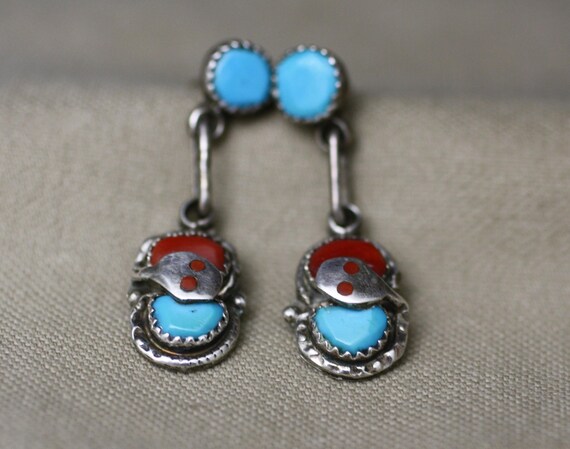 Effie Calavaza Zuni Native American Turquoise Coral Sterling Silver Earrings