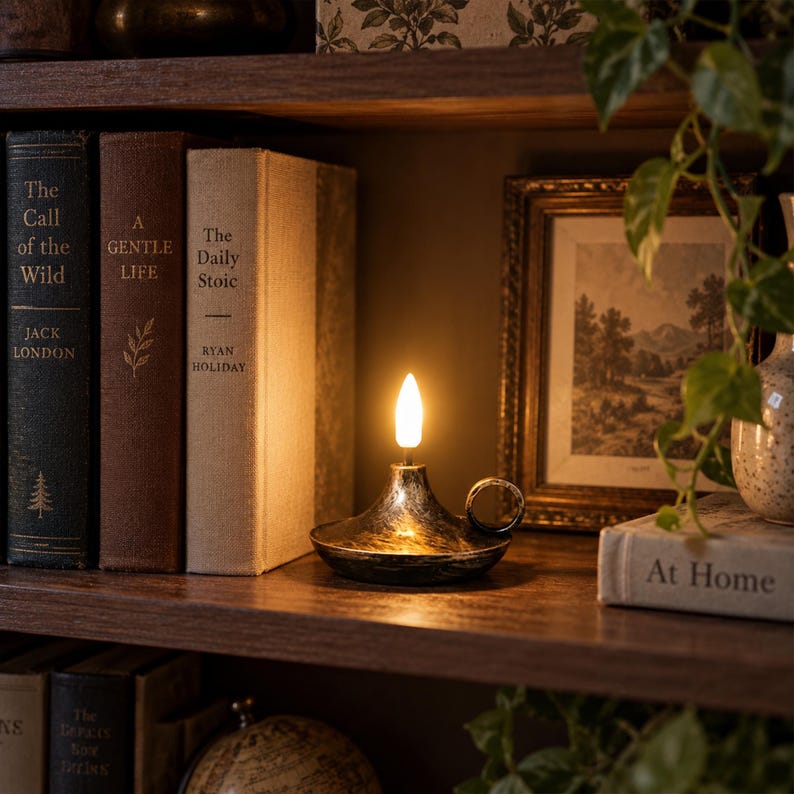 May include: A metallic oil lamp with a dark, brushed finish and a single circular handle, featuring a glowing, flame-shaped LED bulb at the center. The lamp sits on a wooden shelf next to several hardcover books and a framed landscape picture.