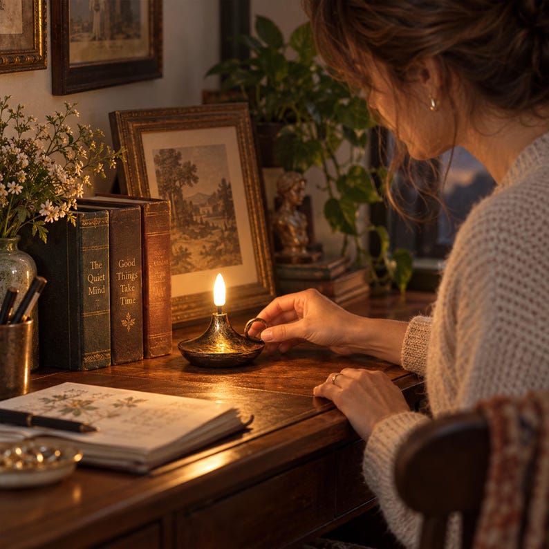 May include: A metallic oil lamp with a textured, dark finish and a single glowing flame, featuring a small circular handle on the side. The lamp sits on a wooden desk next to vintage books with titles including The Quiet Mind and Good Things Take Time.