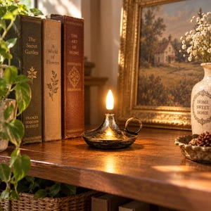 May include: A black and gold metallic oil lamp with a circular handle and a single glowing flame-shaped bulb. The lamp sits on a wooden surface next to three vintage books titled The Secret Garden, A World of Flowers, and The Art of Home.