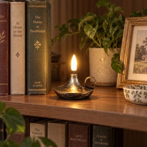May include: A metallic oil lamp with a distressed silver and black finish, featuring a circular base, a small side handle, and a single glowing white flame-shaped bulb. The lamp sits on a wooden shelf next to several hardcover books.