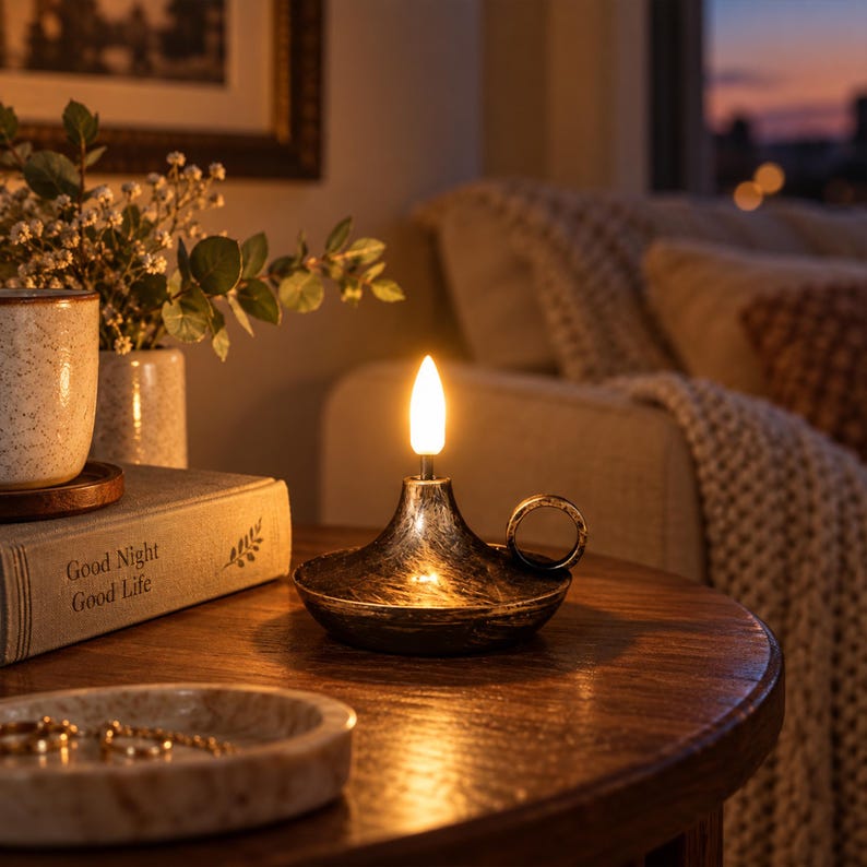 May include: A dark metallic oil lamp with a circular handle and a glowing flame-shaped bulb. The lamp sits on a wooden surface next to a book with the text Good Night Good Life, a speckled ceramic vase with greenery, and a small marble tray.