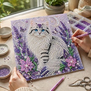 May include: A square diamond painting kit featuring a fluffy white cat with blue eyes, surrounded by purple lavender sprigs, pink flowers, and small butterflies. The artwork is set against a light purple background with a crescent moon and stars.