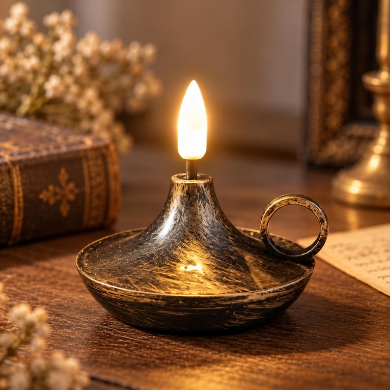 May include: A black and gold distressed metal oil lamp with a circular handle and a single glowing LED flame bulb. The lamp features a wide, low-profile base with a textured, weathered finish and a central vertical stem holding the light source.