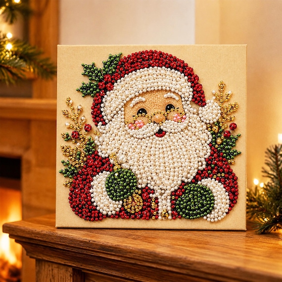 Christmas Diamond Art Kit, Cute Santa Pearl Bead Painting Craft, DIY Pearl Diamond Painting for Adults Beginners, Holiday Home Decor Gift