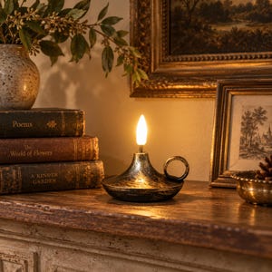 May include: A black and gold metallic oil lamp with a circular handle and a single glowing flame-shaped bulb. The lamp sits on a wooden surface next to a stack of three vintage books titled Poems, The World of Flowers, and A Kinder Garden.