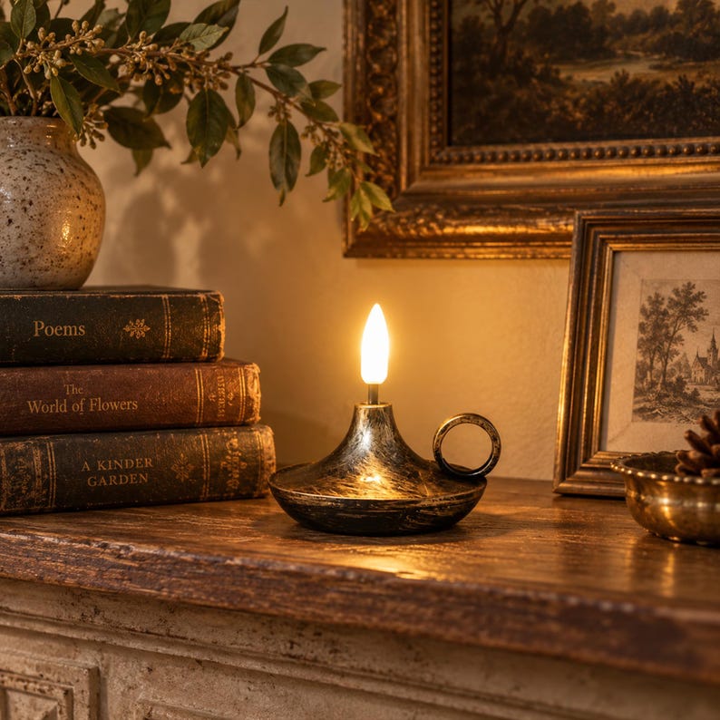 May include: A black and gold metallic oil lamp with a circular handle and a single glowing flame-shaped bulb. The lamp sits on a wooden surface next to a stack of three vintage books titled Poems, The World of Flowers, and A Kinder Garden.