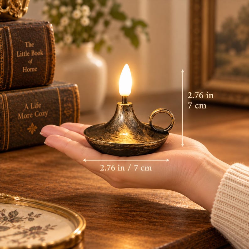 May include: A small, round, black and gold oil-style lamp with a single handle and a glowing white flame-shaped bulb. The lamp measures 2.76 inches in height and 2.76 inches in width, as indicated by the visible measurement markings in the image.