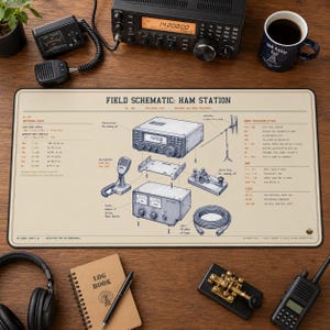 May include: A rectangular desk mat featuring a detailed technical illustration titled Field Schematic: Ham Station. The print displays diagrams of radio equipment, antenna math, and band personalities in black and red text on a cream background.