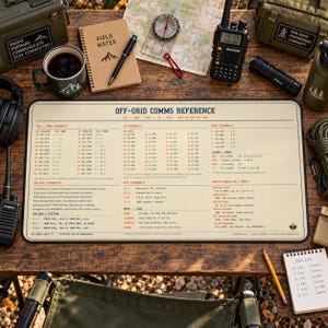 May include: A rectangular desk mat featuring an Off-Grid Comms Reference guide with printed tables for FRS, GMRS, CB, and MARS radio channels, alongside on-air etiquette, key channels, and radio selection information in black and red text on a beige background.