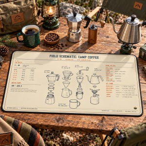 May include: A rectangular desk mat featuring a cream-colored surface with black and red technical illustrations and text titled FIELD SCHEMATIC: CAMP COFFEE. It displays coffee brewing ratios, water temperatures, grind sizes, and equipment diagrams.