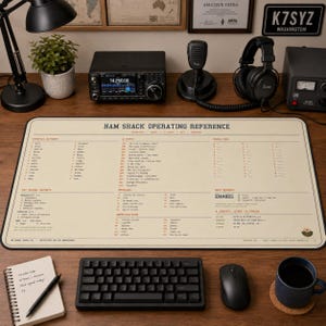 Peut inclure: Un tapis de bureau rectangulaire à surface crème portant le texte 'HAM SHACK OPERATING REFERENCE' en noir. Le tapis affiche des informations techniques imprimées, notamment l'alphabet phonétique, les codes Q, le code Morse et des abréviations.