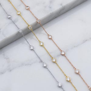 Tiffany Style Bracelet, Five Stone Bezel Set Diamond Chain, Sterling Silver And Gold, Gift For Her