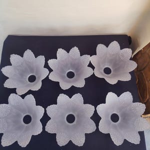 May include: A set of six frosted glass light shades, each featuring a scalloped edge and a repeating embossed floral pattern. The shades are translucent with a circular opening at the center, designed with a petal-like shape and a matte finish.