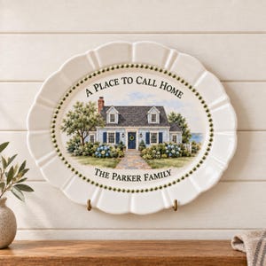 May include: An oval white ceramic decorative plate with a scalloped edge and a beaded inner border. The centre features a painted illustration of a blue house with a stone path, trees, and flowers, with the text A PLACE TO CALL HOME and THE PARKER FAMILY.