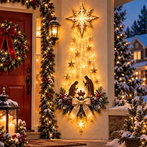 Könnte beinhalten: Eine wandmontierte Weihnachts-Krippendekoration mit einem großen beleuchteten Stern an der Spitze, kaskadierenden warmweißen LED-Lichterketten, kleinen Sternakzenten, einer zentralen Heilige-Familie-Figur und einer großen goldenen Schleife.