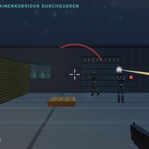 May include: A first-person shooter video game interface showing a dark industrial area with shipping containers, a character firing a weapon with a visible beam, and on-screen controls including buttons for fire, sprint, and crouch, with the text ZIEL - VORRUCKEN: CONTAINERKORRIDOR DURCHQUEREN.