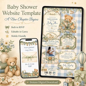May include: A digital baby shower website template displayed on a tablet and smartphone, featuring a blue gingham background, teddy bear illustrations, and floral accents. The text includes Baby Shower Website Template, A New Chapter Begins, and RSVP.