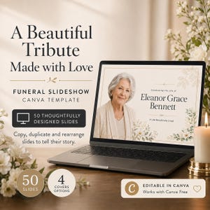 Może przedstawiać: Laptop wyświetlający szablon pokazu slajdów pogrzebowych w serwisie Canva zatytułowany A Beautiful Tribute Made with Love. Ekran pokazuje zdjęcie starszej kobiety z tekstem Celebrating the Life of Eleanor Grace Bennett. Zawiera 50 slajdów i 4 okładki.