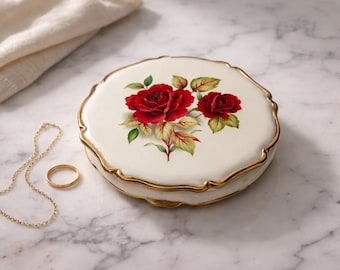 Stratton White Enameled Powder Compact With a Red Rose Motif