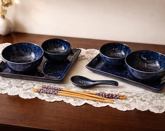 A Pair of Japanese Dragonfly  Blue Motif Ceramic Sushi Dinnerware For Two.
