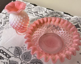 Antique Fenton Vase and Vanity Dish in Pink Cranberry and White Opalescent