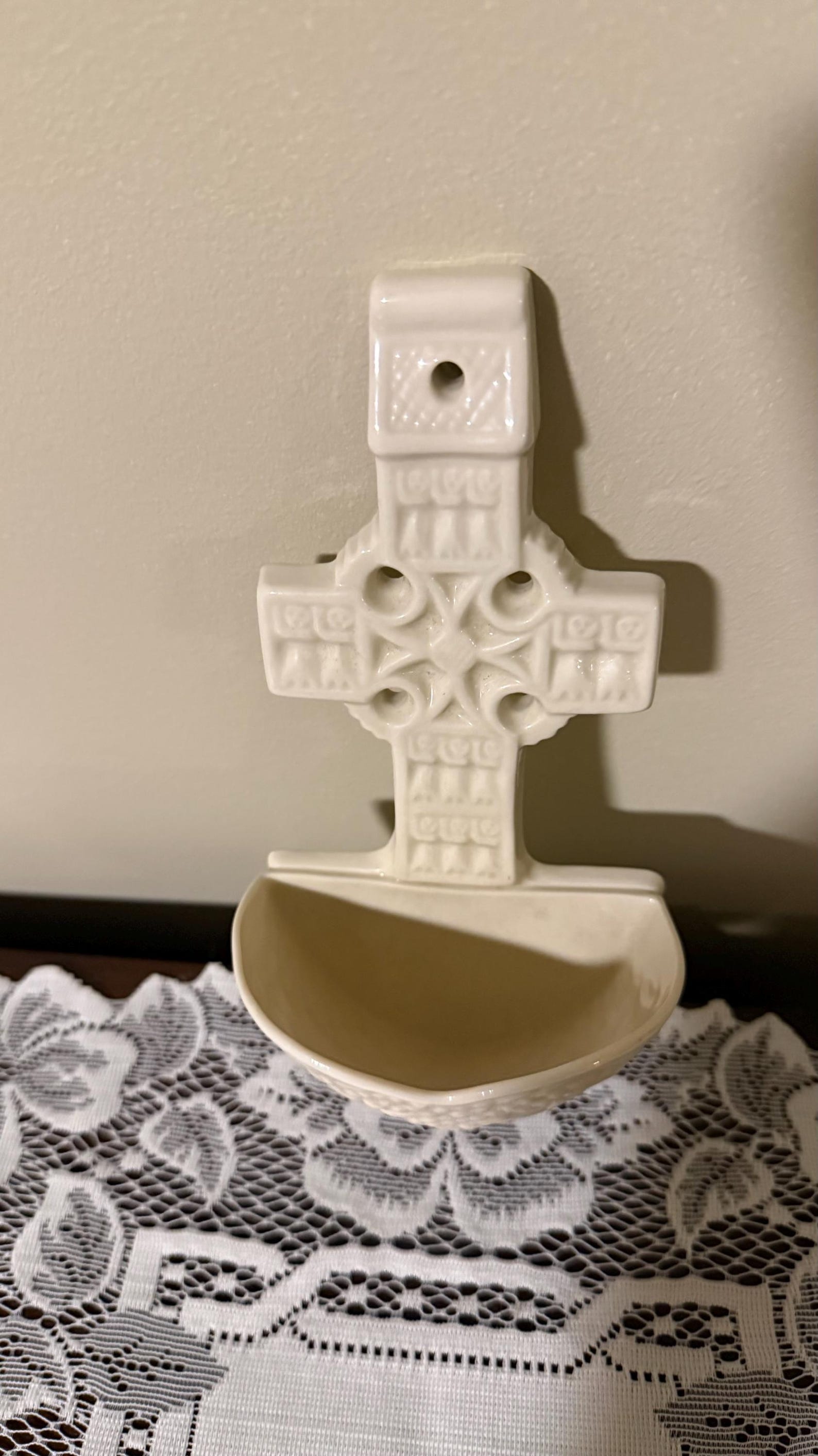 Porcelain Celtic Cross Holy Water Font by Belleek from Ireland