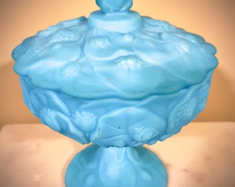 Fenton Blue Satin Covered Pedestal Candy Dish