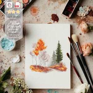 Könnte beinhalten: Ein Kreuzstichmuster auf weißem Papier mit einer Landschaft aus orangefarbenen und gelben Herbstbäumen, einem grünen Nadelbaum und einem Pfad. Der Text auf dem Bild lautet: Size in stitches: 126*117, 22-1 blend dmc colour, Stitches: cross stitch, half stitch, back stitch.