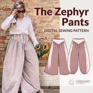 May include: The Zephyr Pants digital sewing pattern features a high-waisted design with a V-shaped waistband and wide-leg silhouette. The illustration shows two variations of the pants in a muted mauve tone, alongside text and a brand logo.