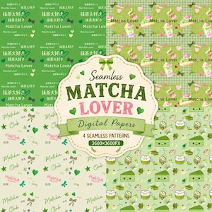 Op de afbeelding: Een digitale papierset met vier naadloze patronen met matcha-thema. De patronen bevatten groene tekst, matcha lattes, taartjes en strikjes op lichtgroene en crèmekleurige achtergronden. Een centraal label toont de tekst Matcha Lover.