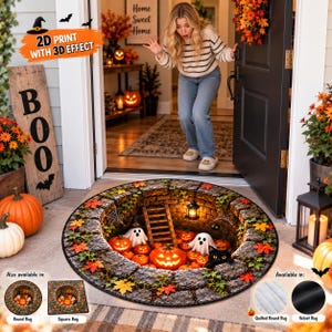 Halloween  Effect Rug, Pumpkin Ghost Round or Square Velvet Rug, Quilted Round Area Rug, Spooky Halloween Home Decor