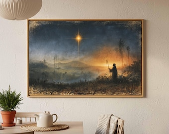Night Watch Over Bethlehem Canvas Wall Art | Still Deep Midnight Blue Christian Living Room Decor
