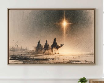 Wise Men in Ink Canvas Wall Art | Spare Warm Sepia Christian Entryway Decor