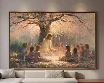 Jesus and the Children Canvas Wall Art | Joyful Blush Pink Christian Nursery Decor