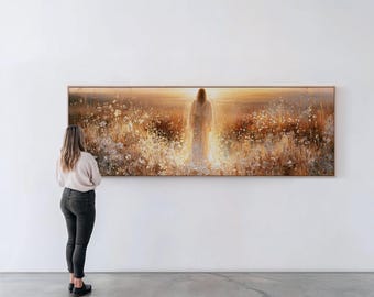Field of White Blossoms Canvas Wall Art | Radiant Warm Gold Christian Living Room Decor