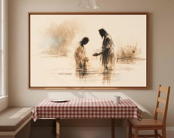 Jordan River Baptism Canvas Wall Art | Sparse Warm Sepia Christian Home Office Decor