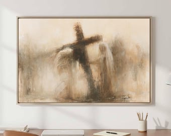 At the Foot of the Cross Canvas Wall Art | Sorrowful Warm Cream Christian Living Room Decor