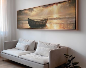Boat Beneath the Sunburst Canvas Wall Art | Hopeful Warm Gold Christian Living Room Decor