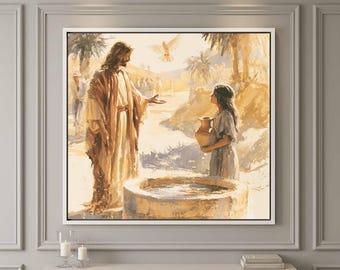 Jesus at the Well Canvas Wall Art | Compassionate Warm Brown Christian Living Room Decor