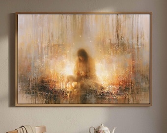 Kneeling with the Lamb Canvas Wall Art | Tender Warm Amber Christian Living Room Decor