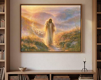 Carrying the Lost Lamb Canvas Wall Art | Warm Golden Amber Christian Living Room Decor