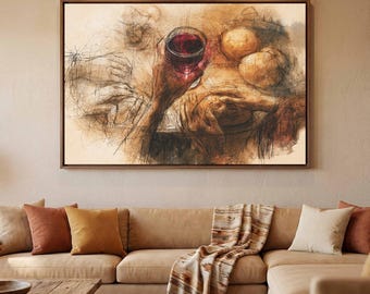 Bread and Wine Canvas Wall Art | Intimate Deep Wine Red Christian Living Room Decor