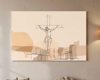 Line Drawn Calvary Canvas Wall Art | Spare Soft Blush Christian Home Office Decor