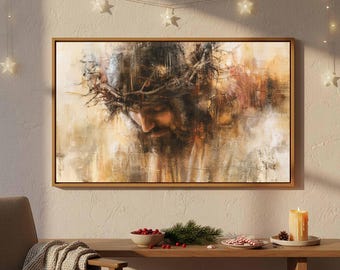 Bowed Beneath the Crown Canvas Wall Art | Solemn Warm Ochre Christian Home Office Decor