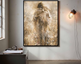 Lamb on His Shoulders Canvas Wall Art | Tender Warm Wheat Christian Nursery Decor