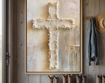 The White Cross Canvas Wall Art | Serene Soft White Christian Entryway Decor