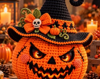 May include: A crocheted orange pumpkin with a carved face featuring black stitched eyes and a jagged mouth, illuminated from within. It wears a black pointed witch hat with an orange band, a small orange bow, green leaves, and a skull accent.
